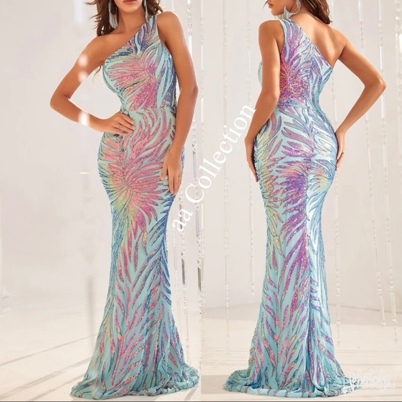 Luxurious Sequins Mermaid Prom Evening Party Formal One Shoulder Gown Maxi Dress - Picture 3 of 11
